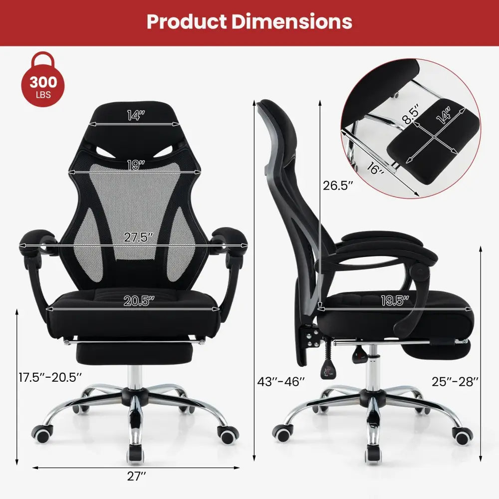 Ergonomic Mesh Office Chair with Footrest and Tilting Backrest-Black - Black - Ergonomic Chairs