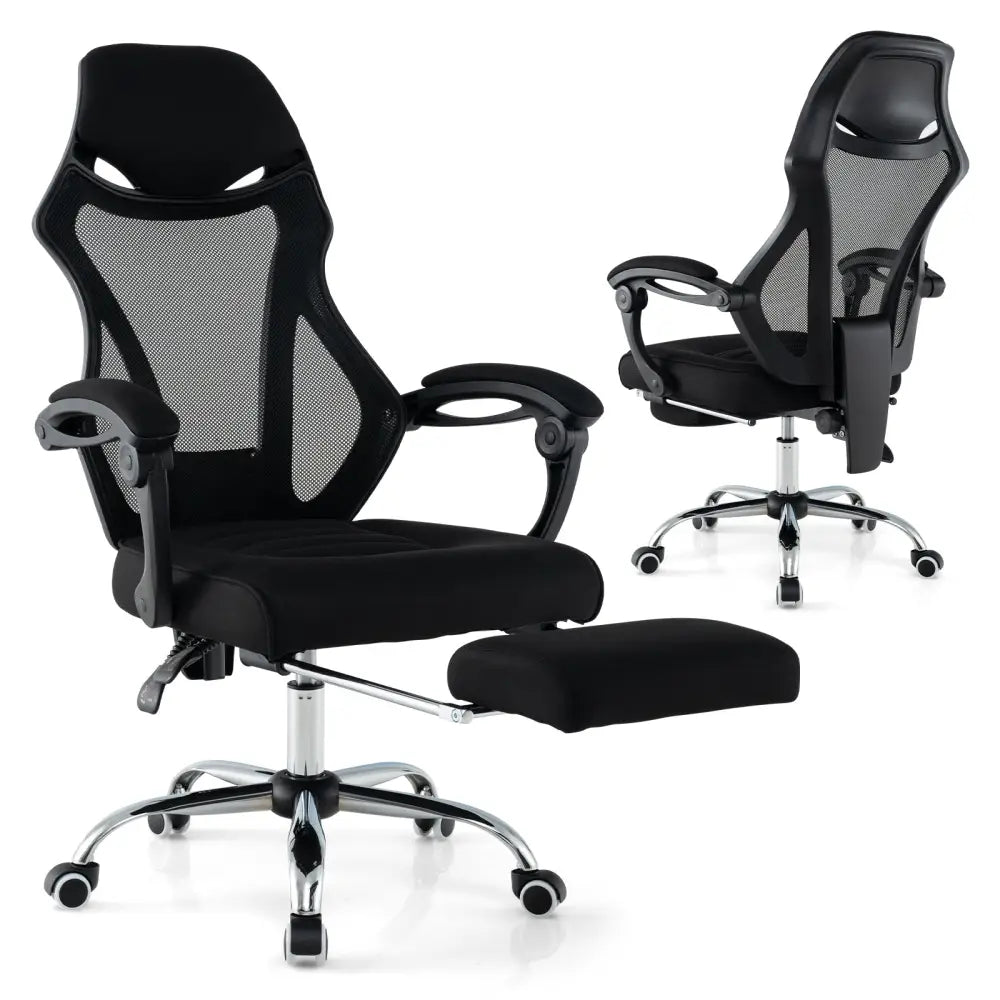 Ergonomic Mesh Office Chair with Footrest and Tilting Backrest-Black - Black - Ergonomic Chairs