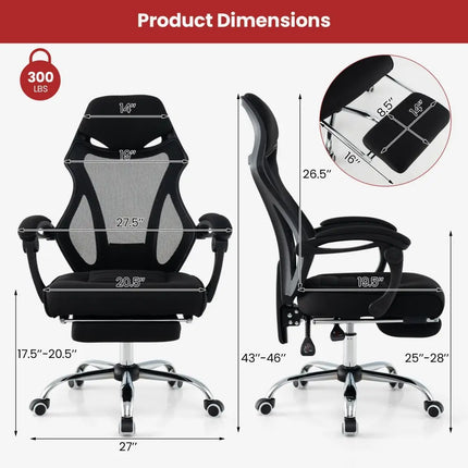 Ergonomic Mesh Office Chair with Footrest and Tilting Backrest-Black - Black - Ergonomic Chairs