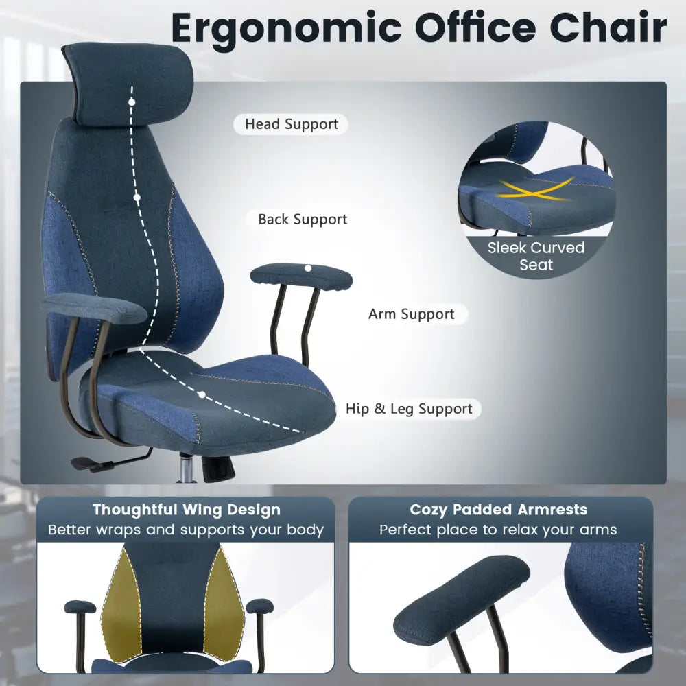 Ergonomic Office Chair Computer Desk Chair with 2D Headrest and Rocking Backrest-Navy - Navy - Ergonomic Chairs