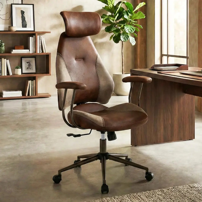 Ergonomic Office Chair Computer Desk Chair with 2D Headrest and Rocking Backrest-Brown - Brown - Ergonomic Chairs