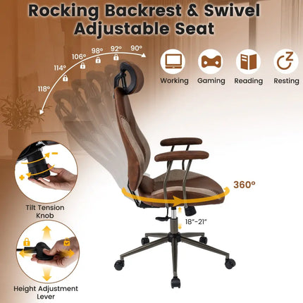 Ergonomic Office Chair Computer Desk Chair with 2D Headrest and Rocking Backrest-Brown - Brown - Ergonomic Chairs