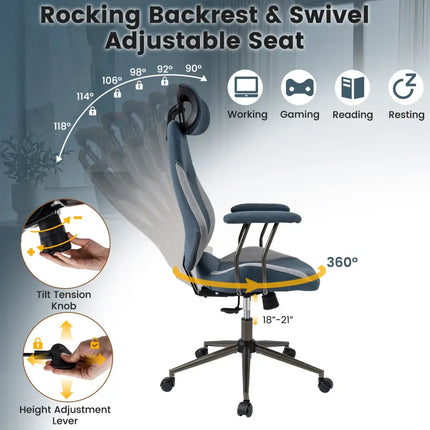 Ergonomic Office Chair Computer Desk Chair with 2D Headrest and Rocking Backrest-Gray - Gray - Ergonomic Chairs