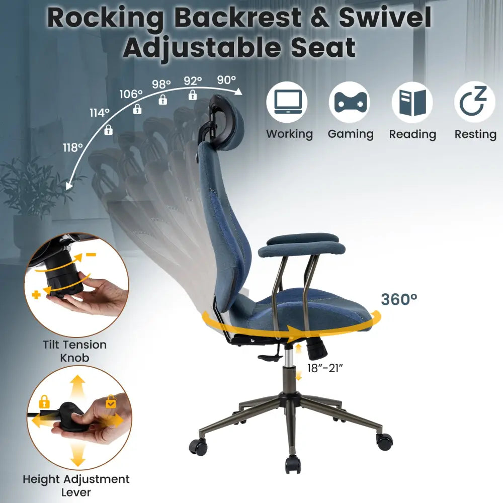 Ergonomic Office Chair Computer Desk Chair with 2D Headrest and Rocking Backrest-Navy - Navy - Ergonomic Chairs
