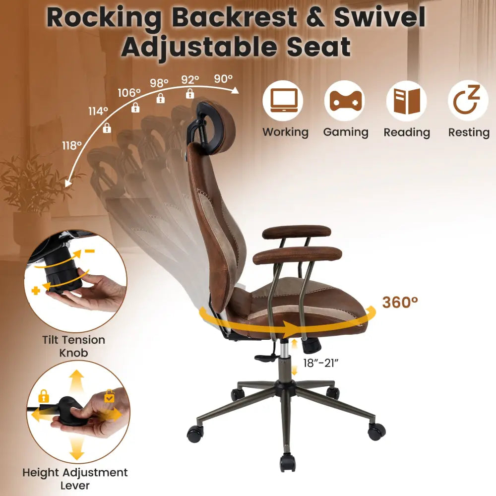 Ergonomic Office Chair Computer Desk Chair with 2D Headrest and Rocking Backrest-Brown - Brown - Ergonomic Chairs