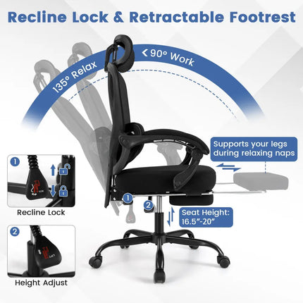 Ergonomic Office Chair High Back Mesh Desk Chair with Retractable Footrest-Black - Black - Ergonomic Chairs