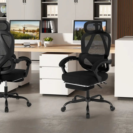 Ergonomic Office Chair High Back Mesh Desk Chair with Retractable Footrest-Black - Black - Ergonomic Chairs