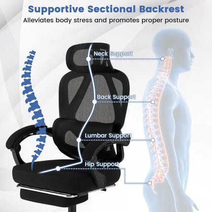 Ergonomic Office Chair High Back Mesh Desk Chair with Retractable Footrest-Black - Black - Ergonomic Chairs
