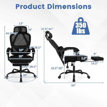 Ergonomic Office Chair High Back Mesh Desk Chair with Retractable Footrest-Black - Black - Ergonomic Chairs