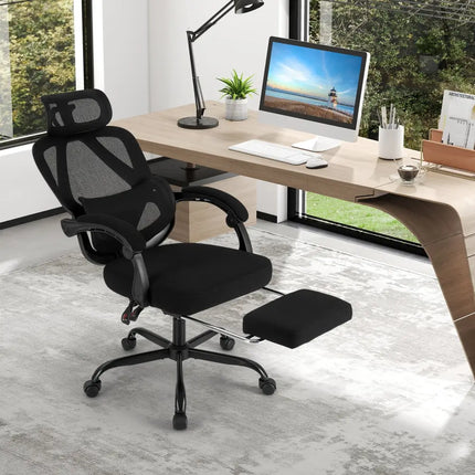 Ergonomic Office Chair High Back Mesh Desk Chair with Retractable Footrest-Black - Black - Ergonomic Chairs