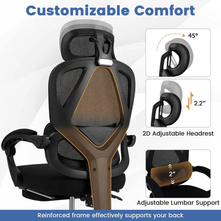 Ergonomic Office Chair High Back Mesh Desk Chair with Retractable Footrest-Black - Black - Ergonomic Chairs