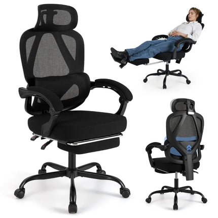 Ergonomic Office Chair High Back Mesh Desk Chair with Retractable Footrest-Black - Black - Ergonomic Chairs
