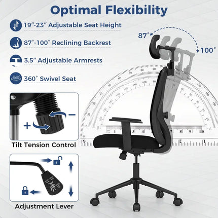 Ergonomic Office Chair with 3D Headrest and Reclining Backrest-Black - Black - Ergonomic Chairs