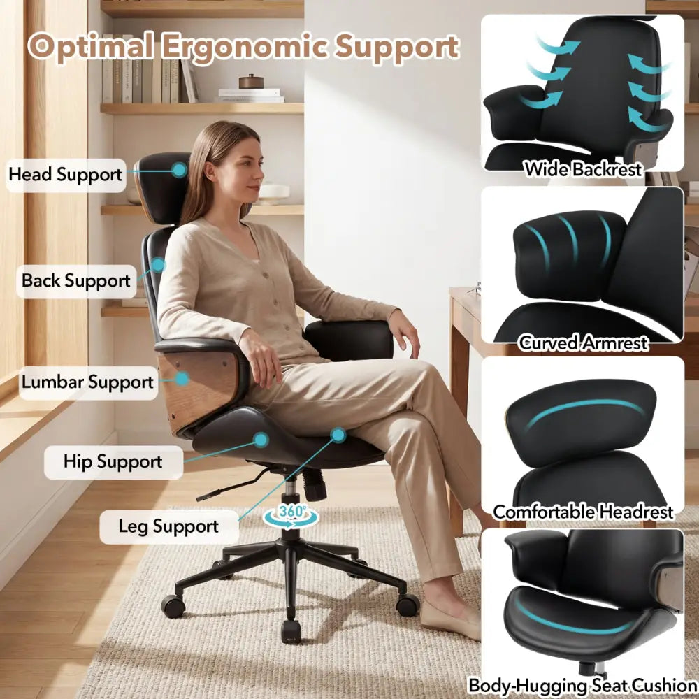 Ergonomic Office Chair with Headrest Adjustable Height for Home Office and Study-Black - Black - Office Chairs