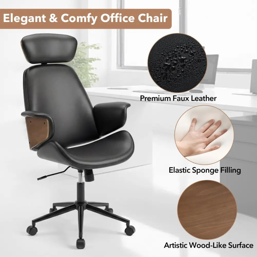 Ergonomic Office Chair with Headrest Adjustable Height for Home Office and Study-Black - Black - Office Chairs