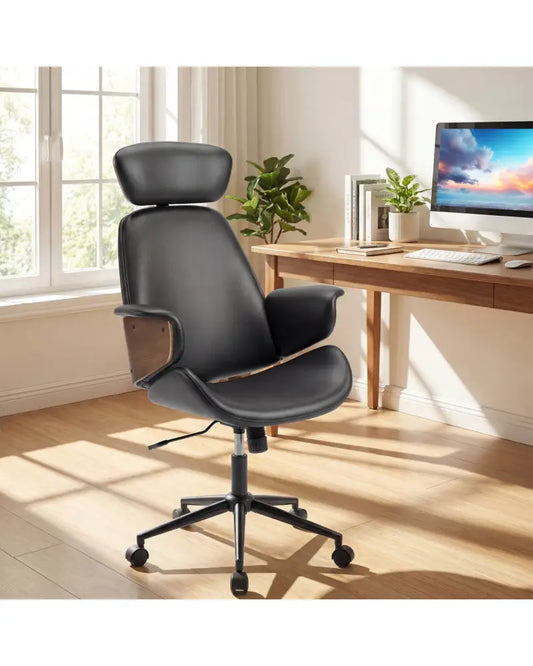 Ergonomic Office Chair with Headrest Adjustable Height for Home Office and Study-Black - Black - Office Chairs
