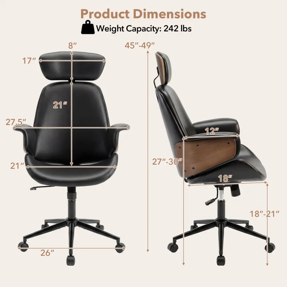 Ergonomic Office Chair with Headrest Adjustable Height for Home Office and Study-Black - Black - Office Chairs