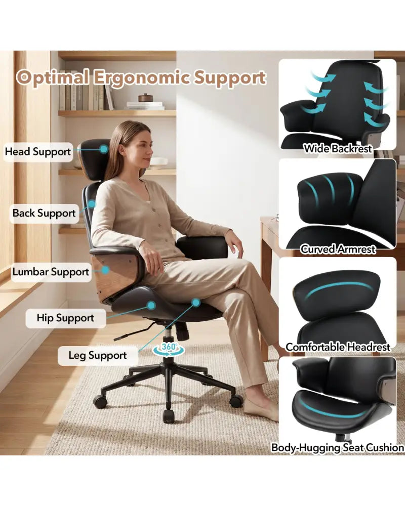 Ergonomic Office Chair with Headrest Adjustable Height for Home Office and Study-Black - Black - Office Chairs