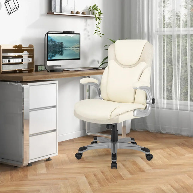 Ergonomic Office PU Leather Executive Chair with Flip-up Armrests and Rocking Function-White - White - Executive Chairs