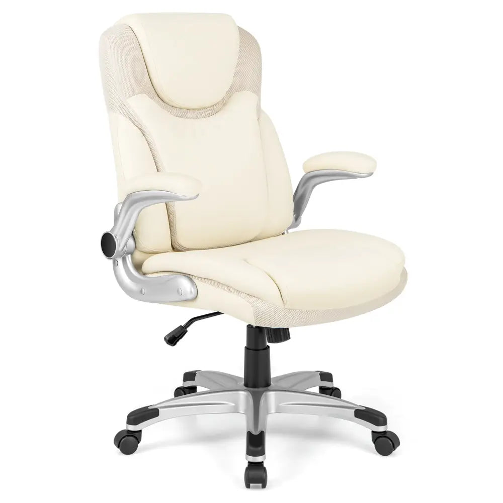 Ergonomic Office PU Leather Executive Chair with Flip-up Armrests and Rocking Function-White - White - Executive Chairs