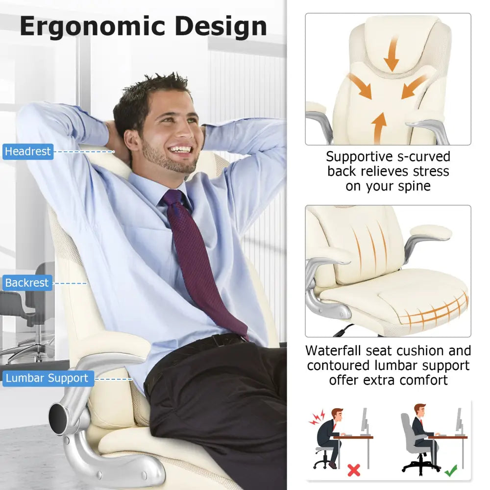 Ergonomic Office PU Leather Executive Chair with Flip-up Armrests and Rocking Function-White - White - Executive Chairs