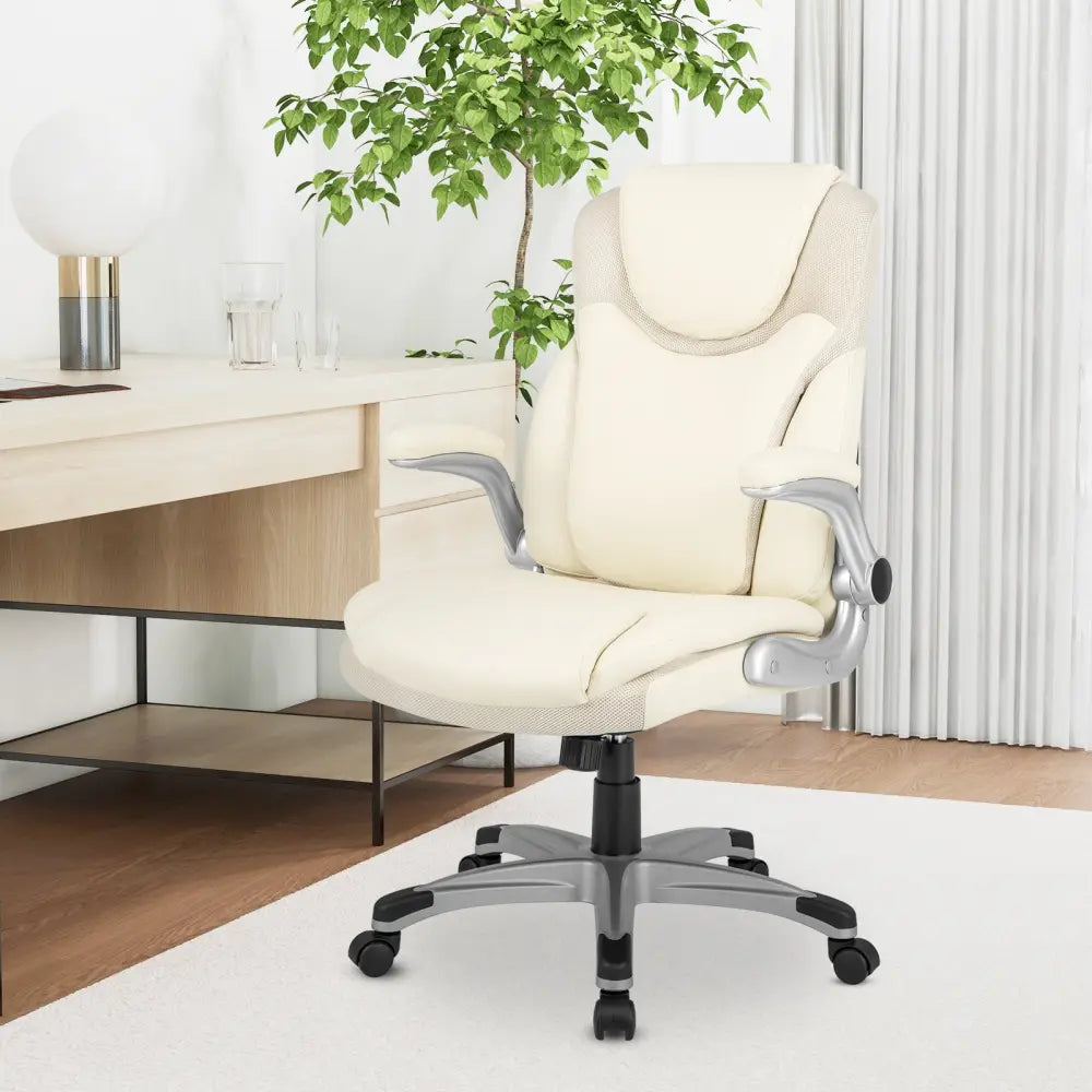 Ergonomic Office PU Leather Executive Chair with Flip-up Armrests and Rocking Function-White - White - Executive Chairs