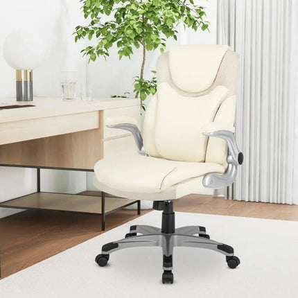 Ergonomic Office PU Leather Executive Chair with Flip-up Armrests and Rocking Function-White - White - Executive Chairs