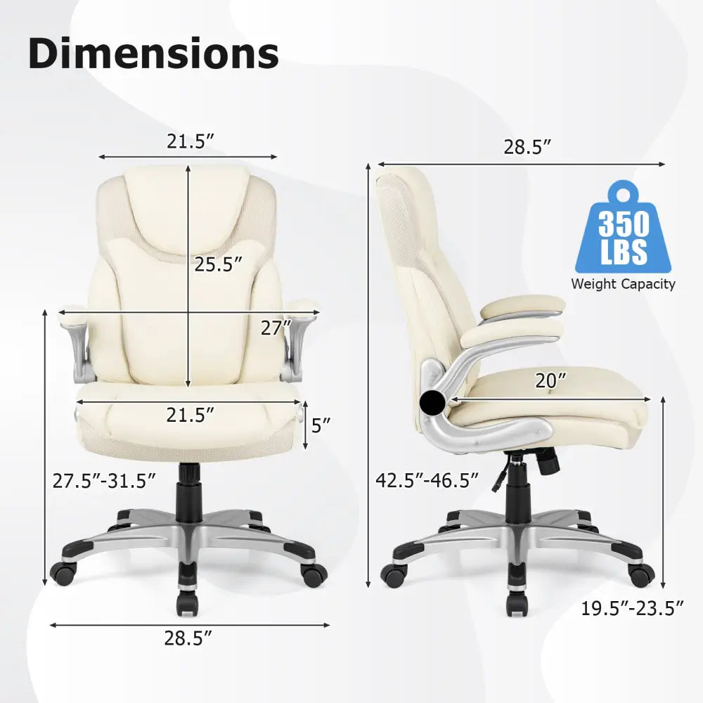 Ergonomic Office PU Leather Executive Chair with Flip-up Armrests and Rocking Function-White - White - Executive Chairs