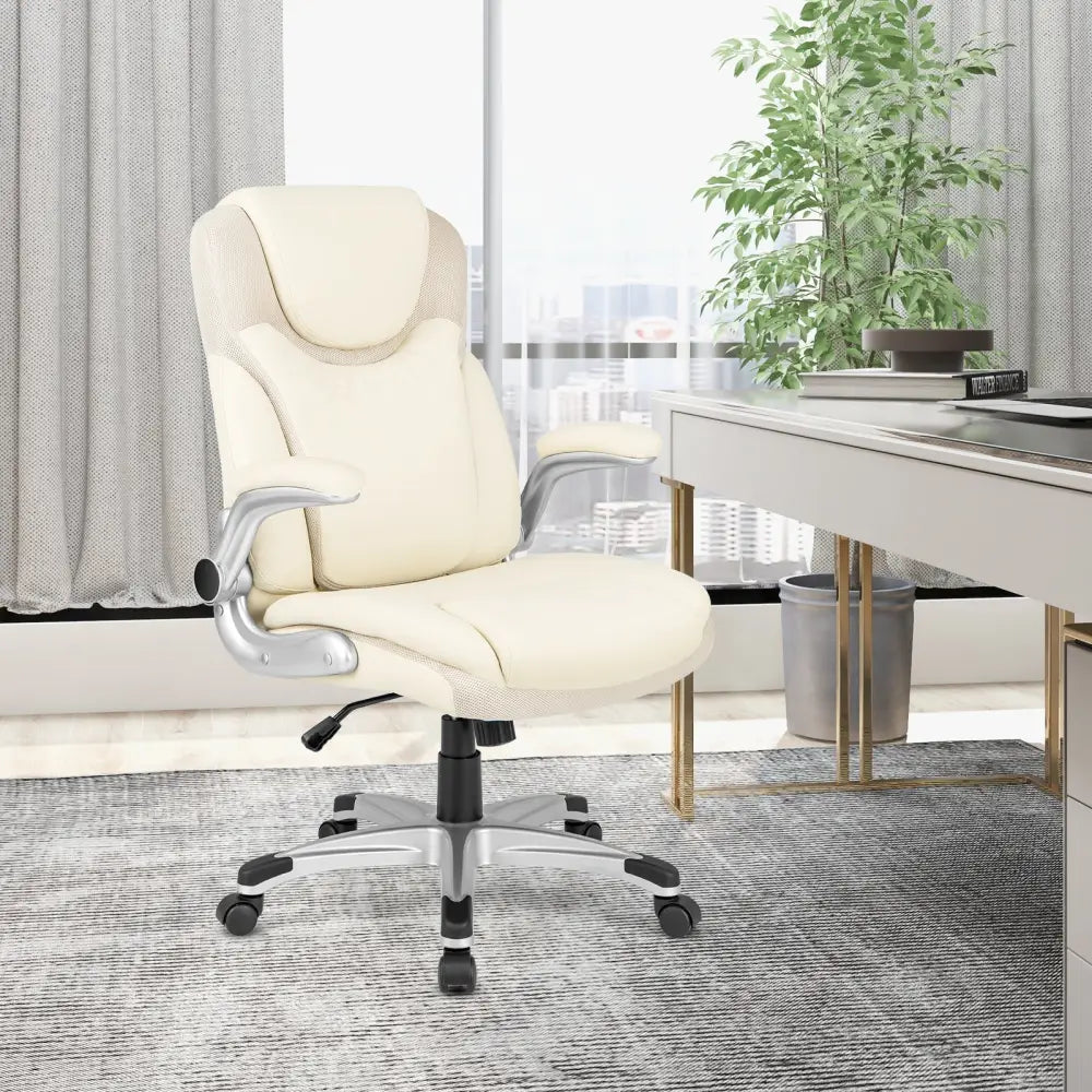 Ergonomic Office PU Leather Executive Chair with Flip-up Armrests and Rocking Function-White - White - Executive Chairs