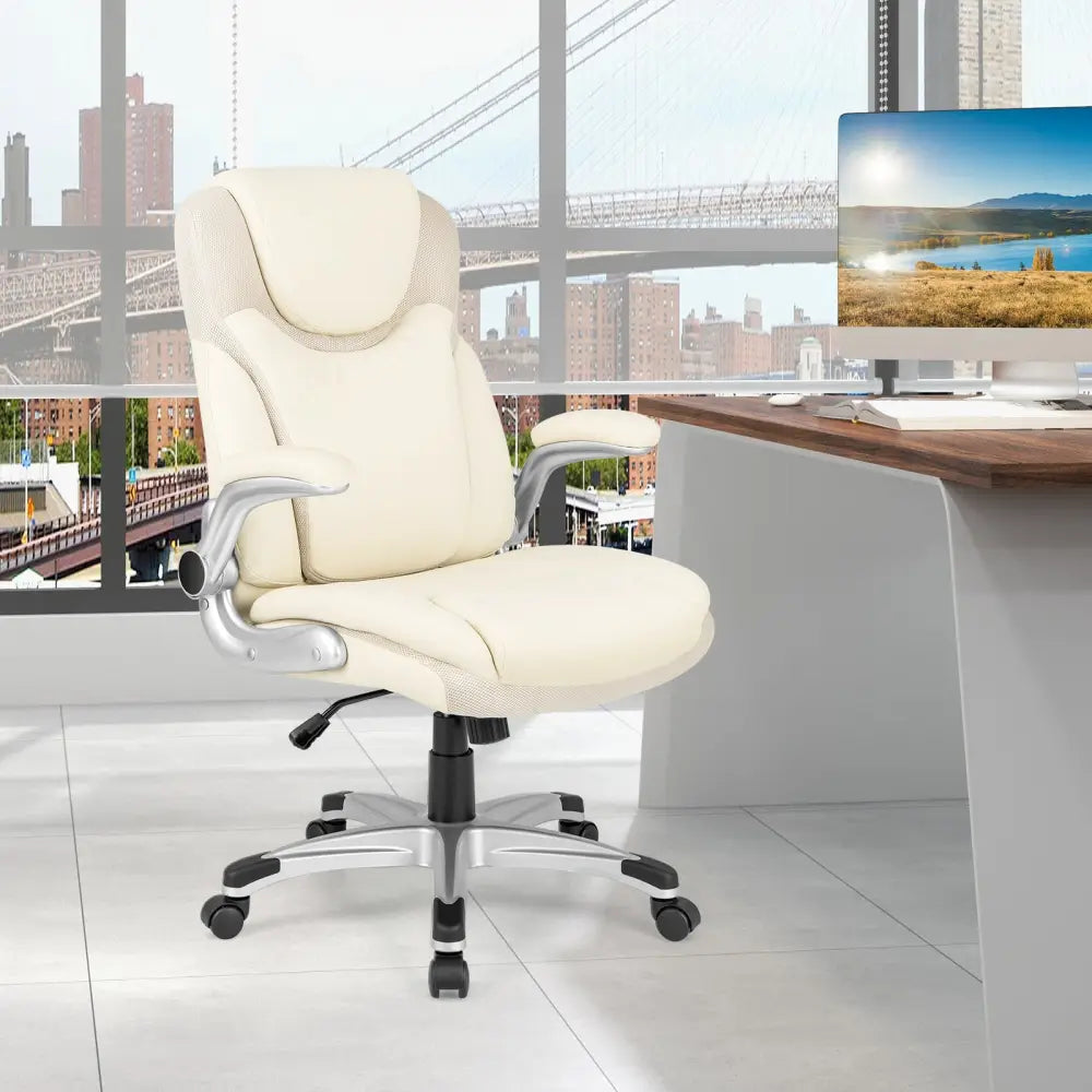 Ergonomic Office PU Leather Executive Chair with Flip-up Armrests and Rocking Function-White - White - Executive Chairs