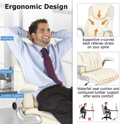 Ergonomic Office PU Leather Executive Chair with Flip-up Armrests and Rocking Function-White - White - Executive Chairs