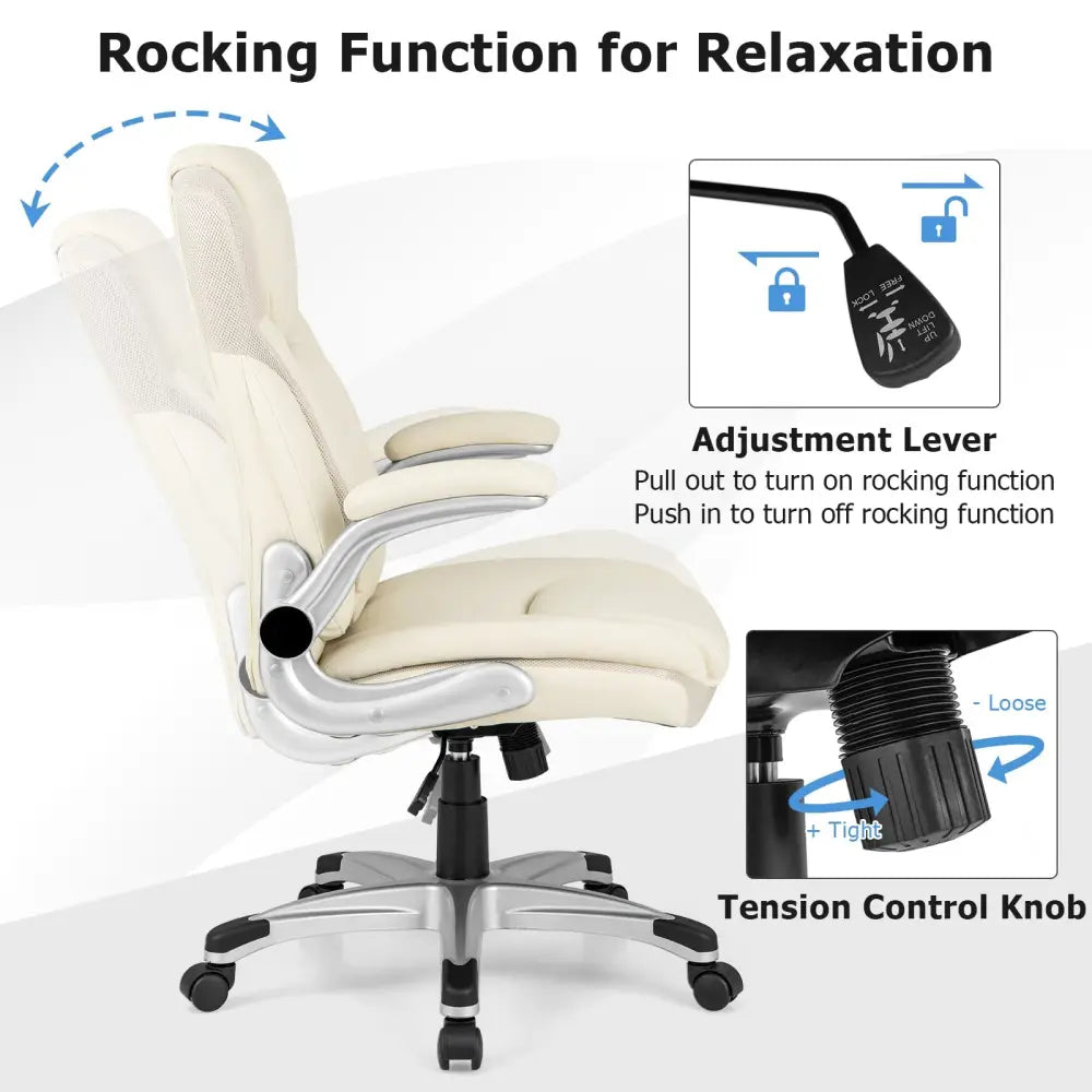 Ergonomic Office PU Leather Executive Chair with Flip-up Armrests and Rocking Function-White - White - Executive Chairs