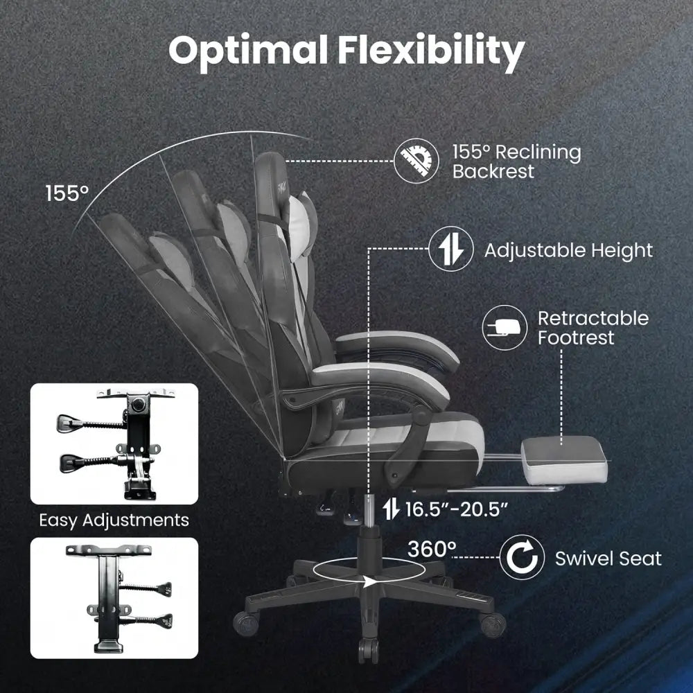 Ergonomic Video Game Chair with Headrest and Reclining Backrest-Grey - Gray - Gaming Chairs