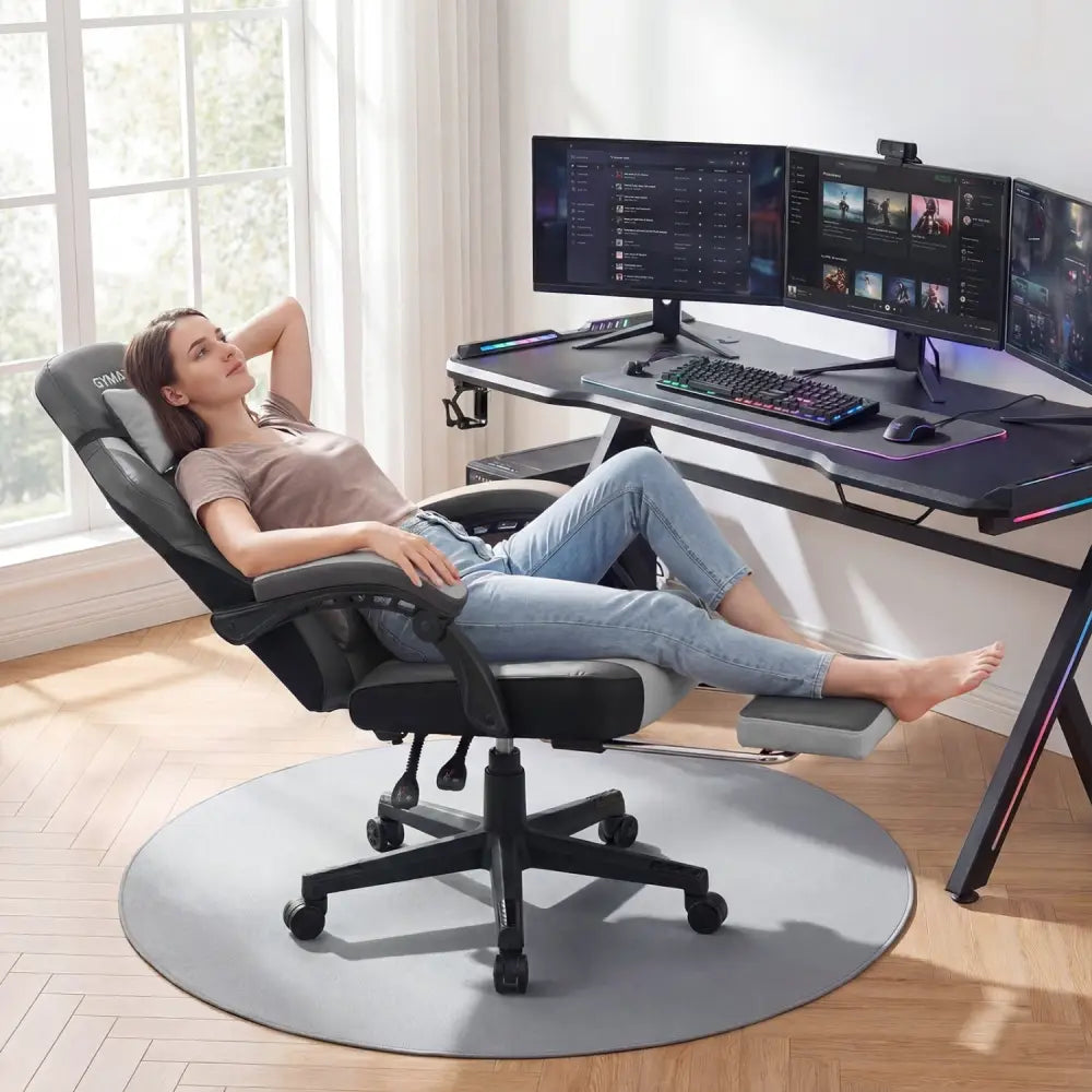 Ergonomic Video Game Chair with Headrest and Reclining Backrest-Grey - Gray - Gaming Chairs