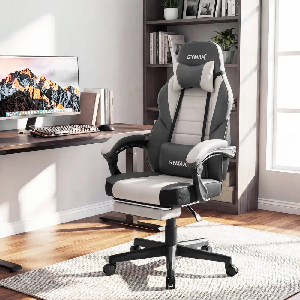 Ergonomic Video Game Chair with Headrest and Reclining Backrest-Grey - Gray - Gaming Chairs