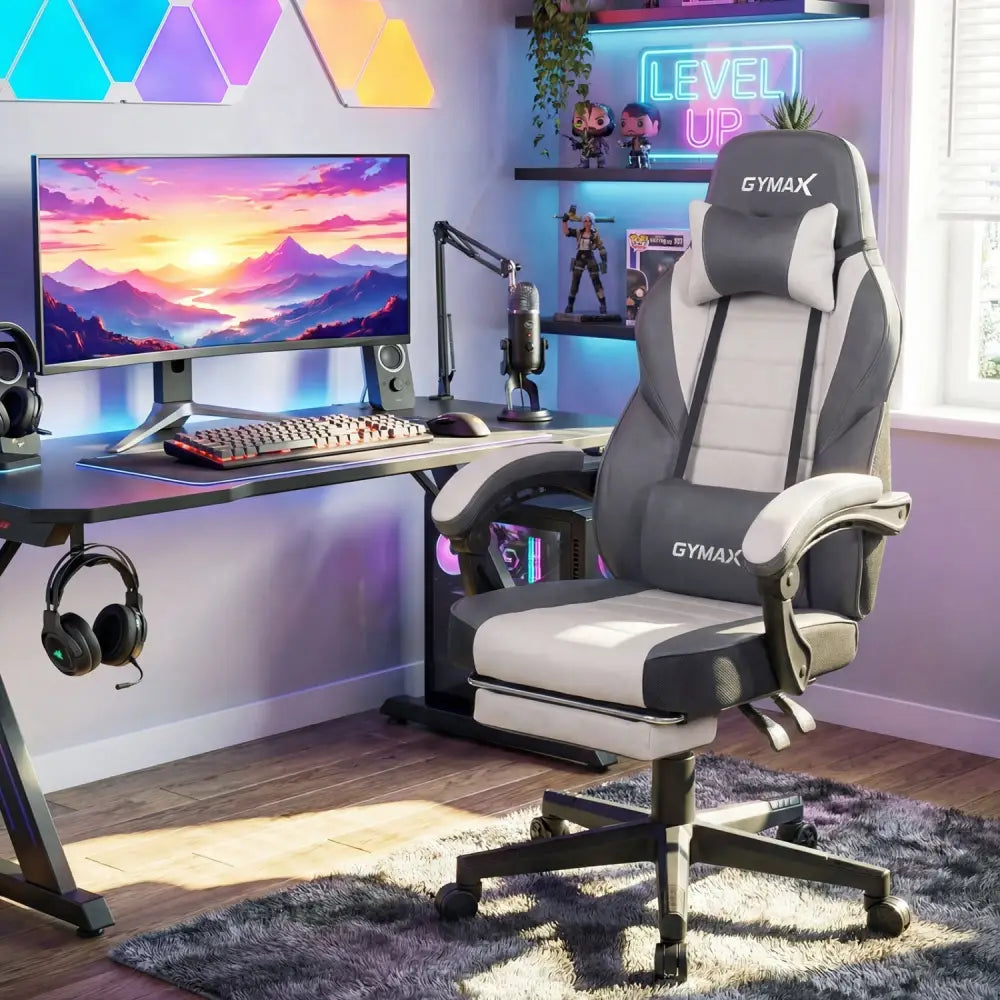 Ergonomic Video Game Chair with Headrest and Reclining Backrest-Grey - Gray - Gaming Chairs