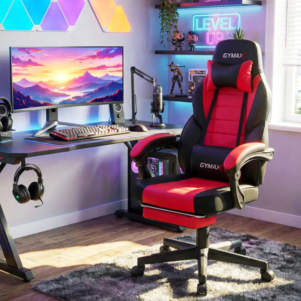 Ergonomic Video Game Chair with Headrest and Reclining Backrest-Red - Red - Gaming Chairs