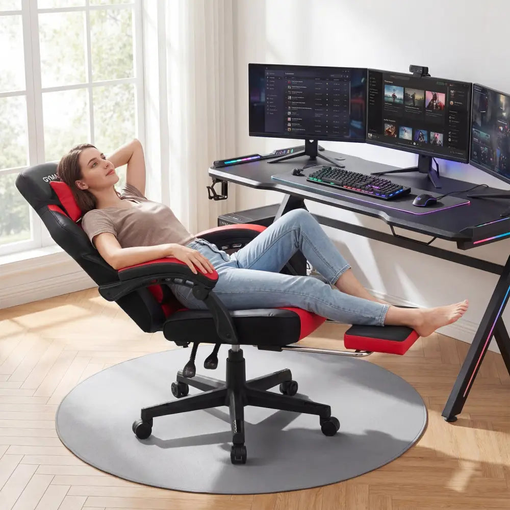 Ergonomic Video Game Chair with Headrest and Reclining Backrest-Red - Red - Gaming Chairs