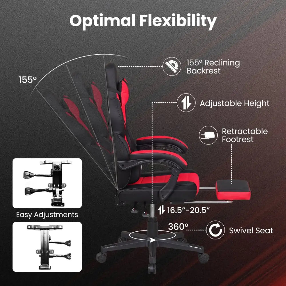 Ergonomic Video Game Chair with Headrest and Reclining Backrest-Red - Red - Gaming Chairs