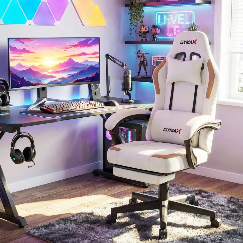 Ergonomic Video Game Chair with Headrest for Home Office-Beige - Beige - Gaming Chairs