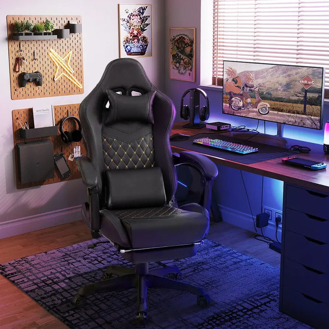 Ergonomic Video Game Computer Chair with Headrest and Lumbar Pillow-Black - Black - Ergonomic Chairs