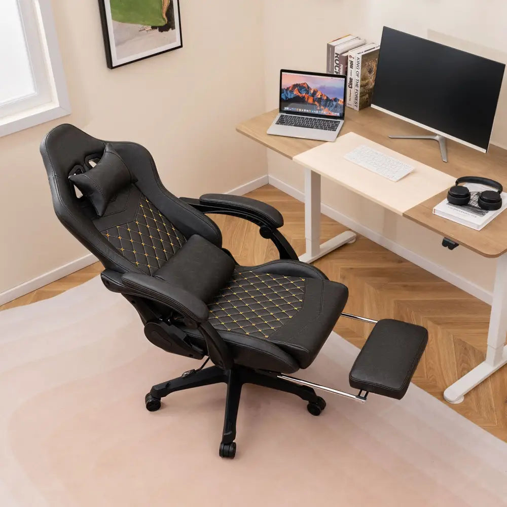 Ergonomic Video Game Computer Chair with Headrest and Lumbar Pillow-Black - Black - Ergonomic Chairs