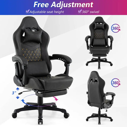 Ergonomic Video Game Computer Chair with Headrest and Lumbar Pillow-Black - Black - Ergonomic Chairs