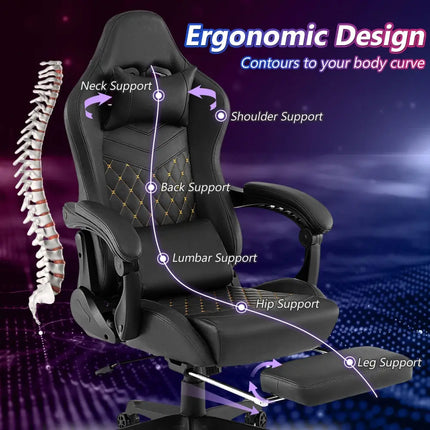 Ergonomic Video Game Computer Chair with Headrest and Lumbar Pillow-Black - Black - Ergonomic Chairs