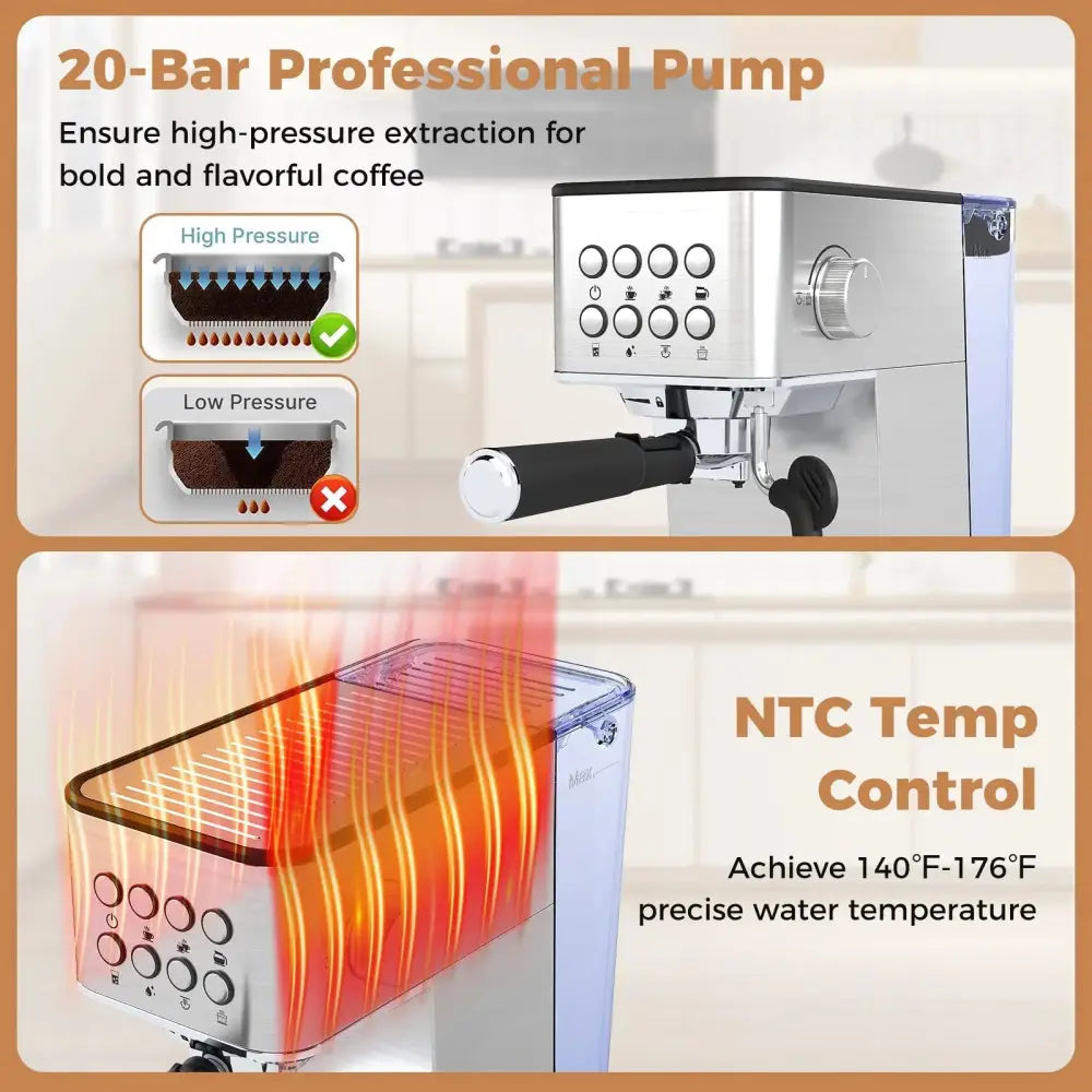 Espresso Machine 20 Bar Compact Stainless Steel Coffee Maker with Milk Frother-Silver Costway