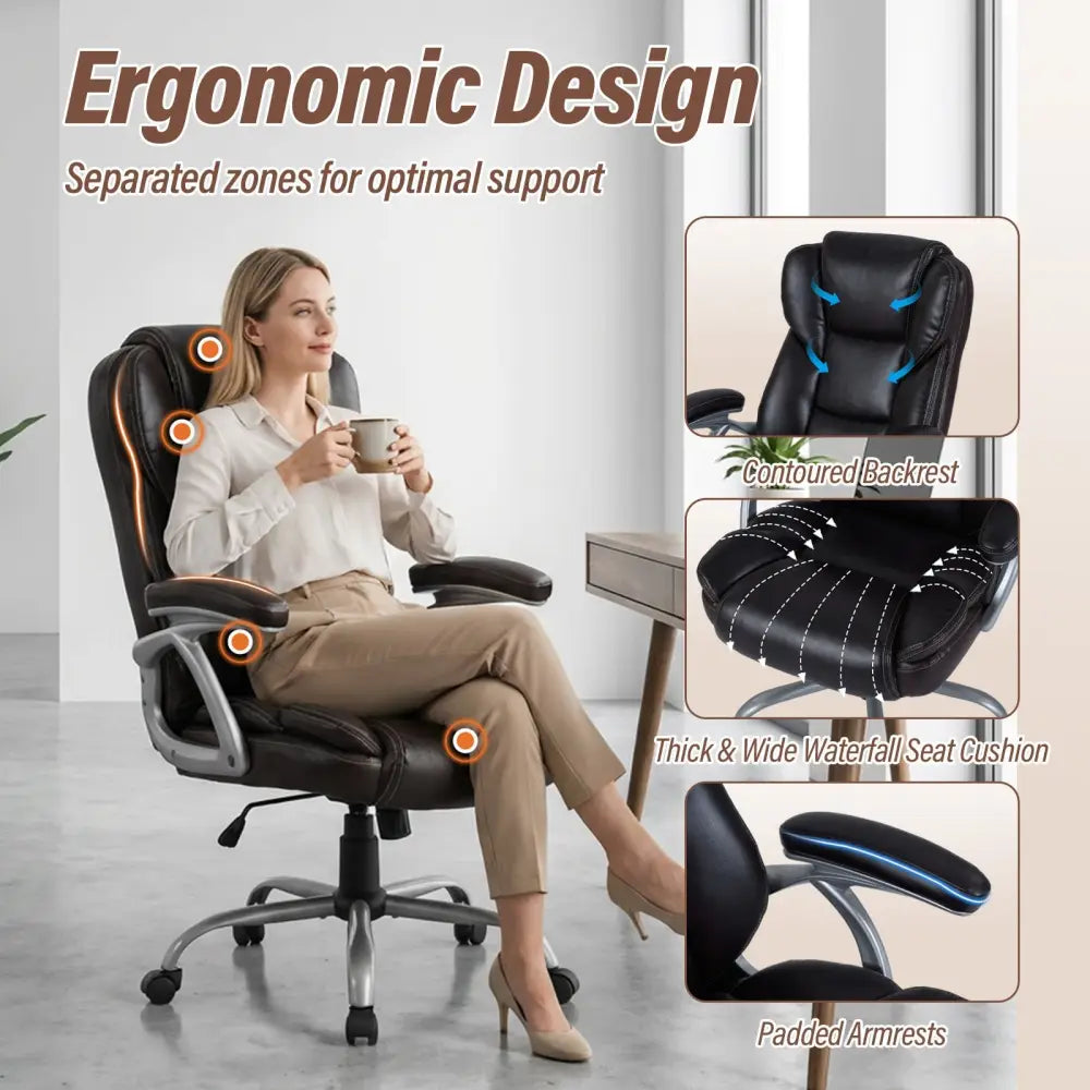 Executive Office Chair Leather Ergonomic Computer Desk Chair with Padded Seat and Armrests-Brown - Brown - Executive