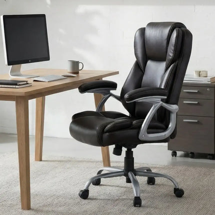Executive Office Chair Leather Ergonomic Computer Desk Chair with Padded Seat and Armrests-Brown - Brown - Executive