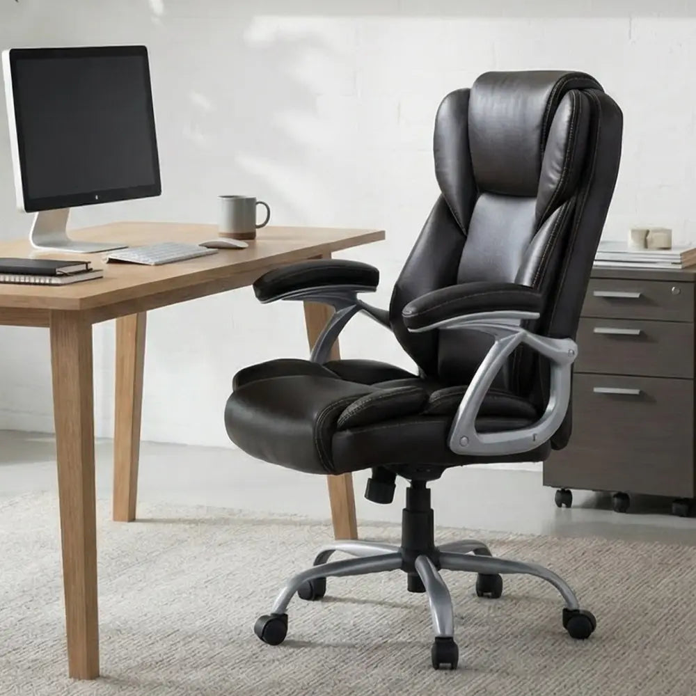 Executive Office Chair Leather Ergonomic Computer Desk Chair with Padded Seat and Armrests-Brown - Brown - Executive