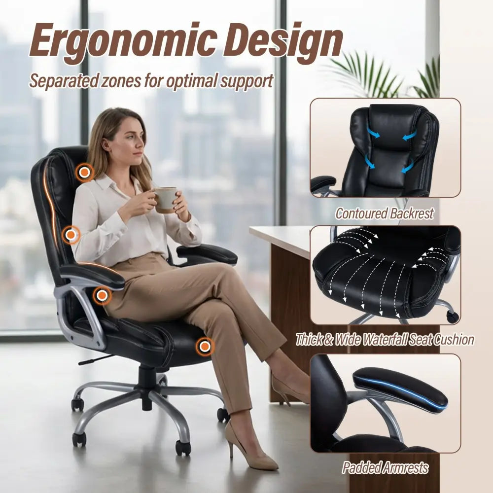 Executive Office Chair Leather Ergonomic Computer Desk Chair with Padded Seat and Armrests-Black - Black - Executive