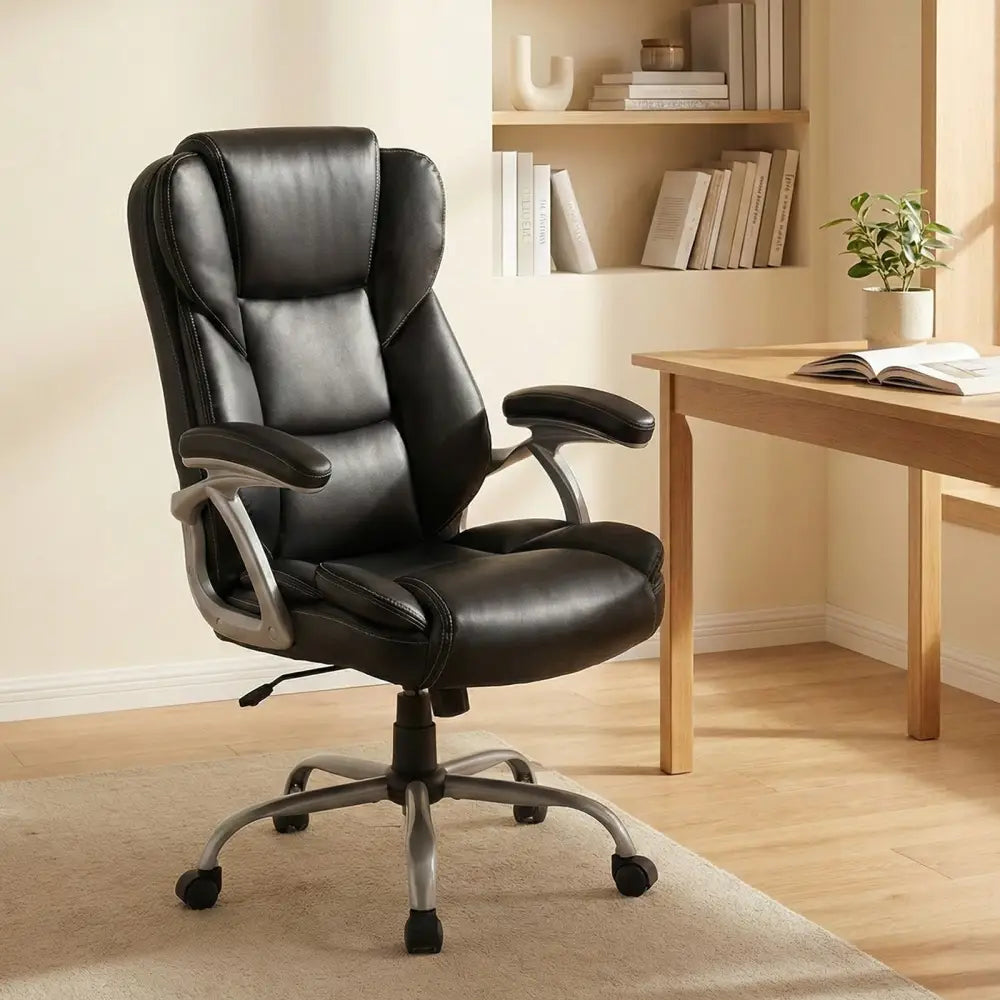 Executive Office Chair Leather Ergonomic Computer Desk Chair with Padded Seat and Armrests-Black - Black - Executive